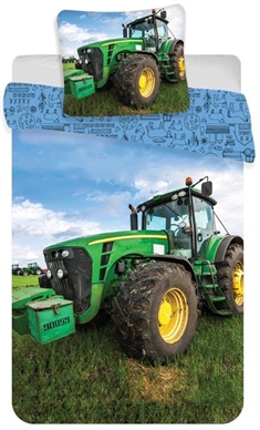 Traktor sengetøj - 140x200 cm - Grøn traktor - Vendbar sengesæt i 100% bomuld
